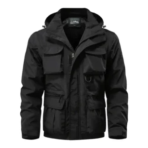Detachable windproof sleeved hooded jacket suitable for outdoor activities men’s casual waterproof multi pocket jacket vest