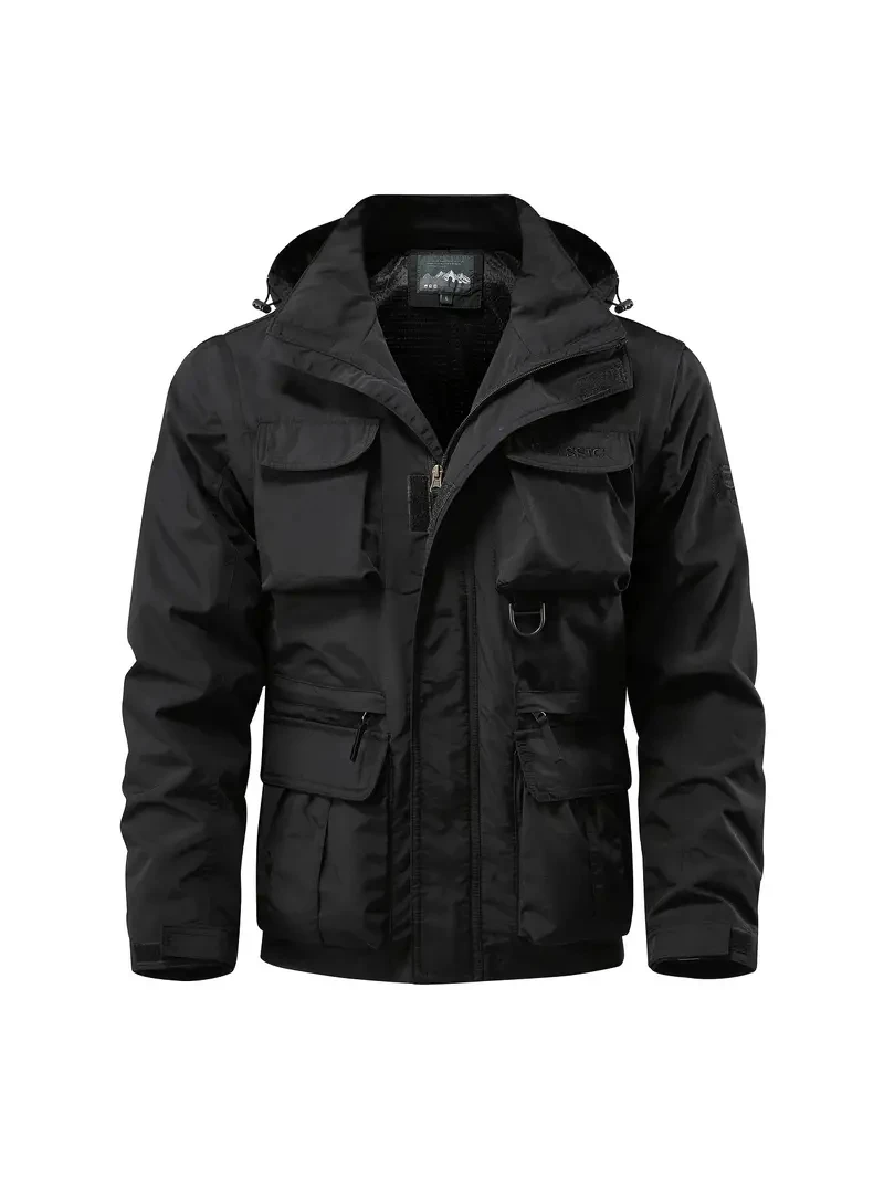 Detachable windproof sleeved hooded jacket suitable for outdoor activities men’s casual waterproof multi pocket jacket vest