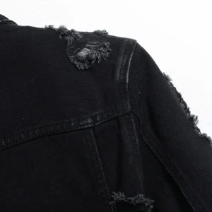 Men’s Denim Jacket – Black Regular Jacket, Street Fashion with Rips, Suitable for Daily Casual Outings