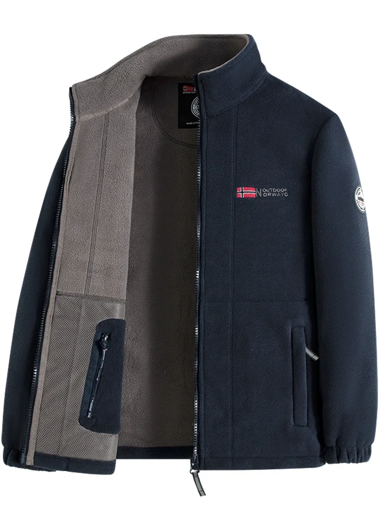 Navy Blue Fleece Zip – Up Jacket with Norwegian Flag and “Outdoor Norway” Embroidery