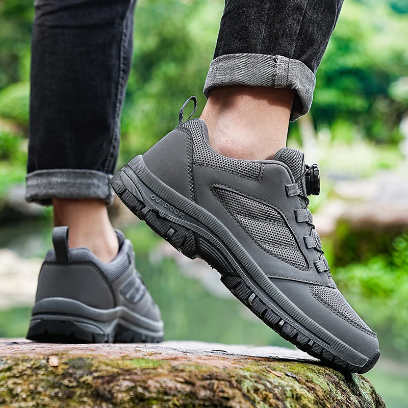Male Sneakers Stylish Rotating Buckle Hiking Boots Solid Color Comfortable Non-slip Sporty Shoes Plus Size Men Shoes Leather