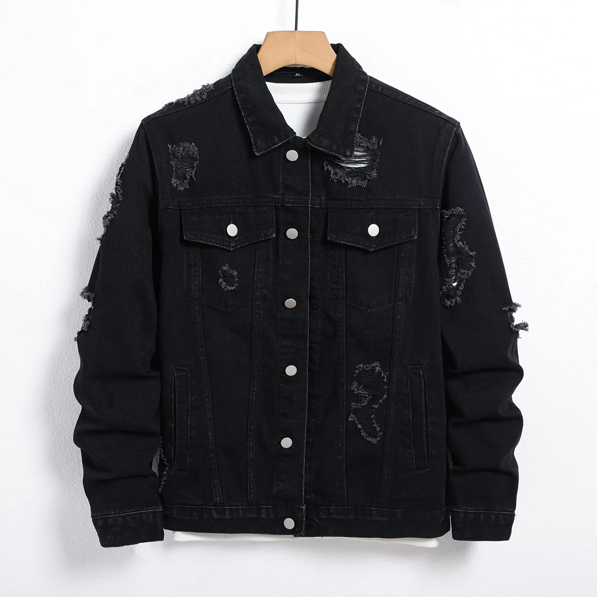 Men’s Denim Jacket – Black Regular Jacket, Street Fashion with Rips, Suitable for Daily Casual Outings