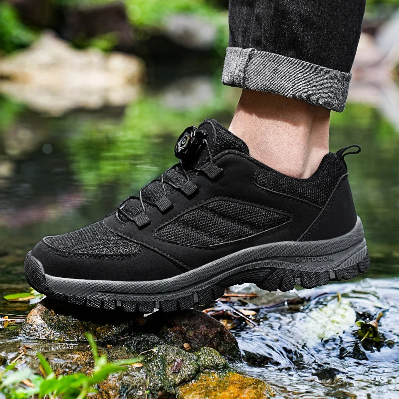 Male Sneakers Stylish Rotating Buckle Hiking Boots Solid Color Comfortable Non-slip Sporty Shoes Plus Size Men Shoes Leather