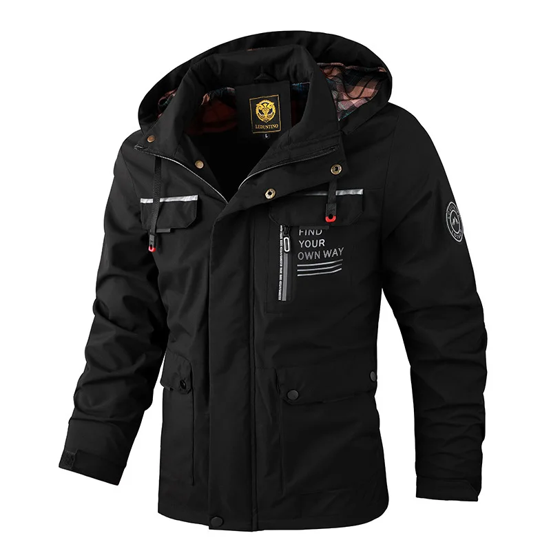 Fashion Men’s Casual Windbreaker Jackets Hooded Jacket Man Waterproof Outdoor Soft Shell Winter Coat Clothing Warm Fleece Thick