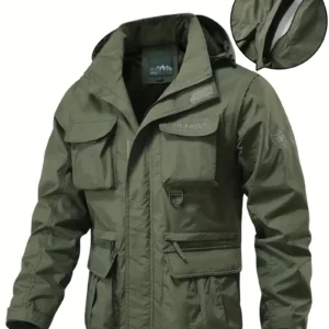 Detachable windproof sleeved hooded jacket suitable for outdoor activities men’s casual waterproof multi pocket jacket vest