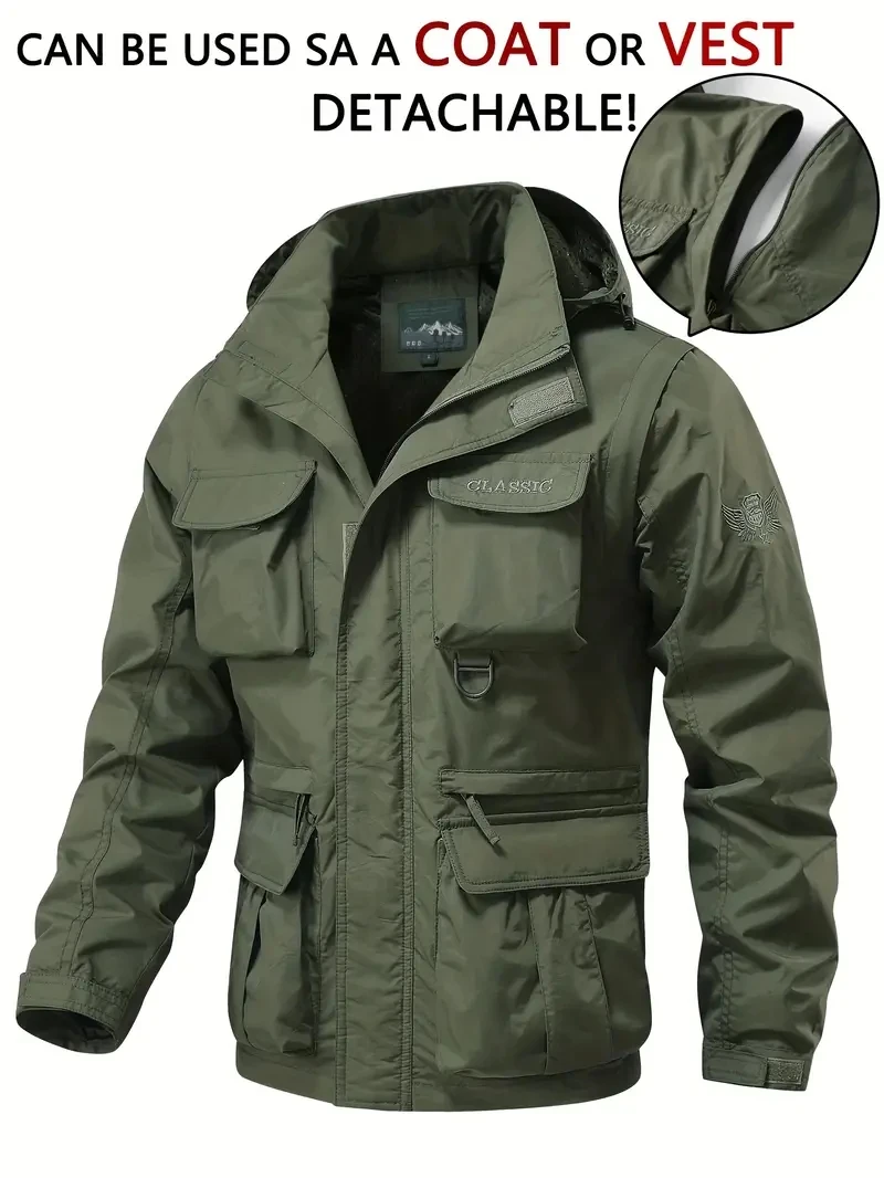 Detachable windproof sleeved hooded jacket suitable for outdoor activities men’s casual waterproof multi pocket jacket vest