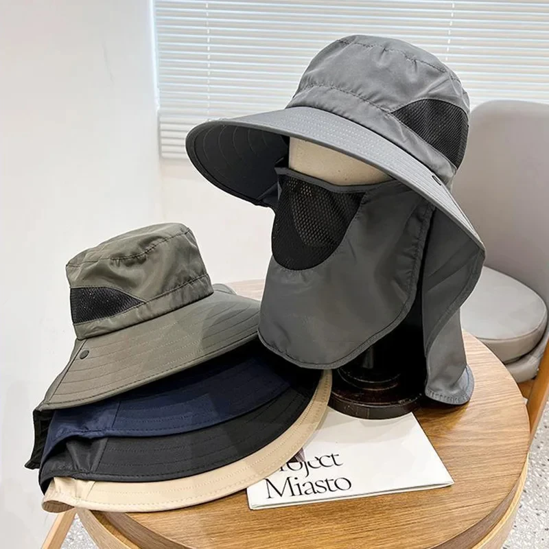 kf S48ccee007d4040a183dfeb12e042b0bdu.webp Summer Outdoor Fishing Caps Men Wide Brim UV Protective Mask Thin Casual Hats Sports Climbing Sun Hats