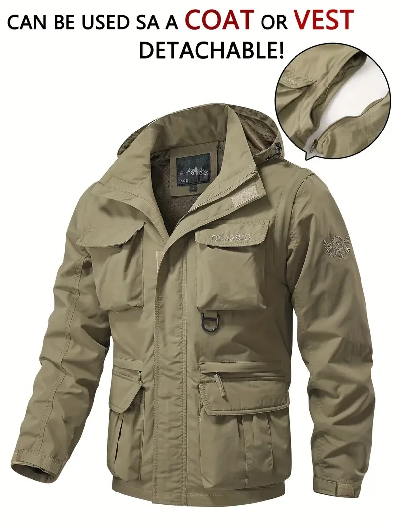 Detachable windproof sleeved hooded jacket suitable for outdoor activities men’s casual waterproof multi pocket jacket vest