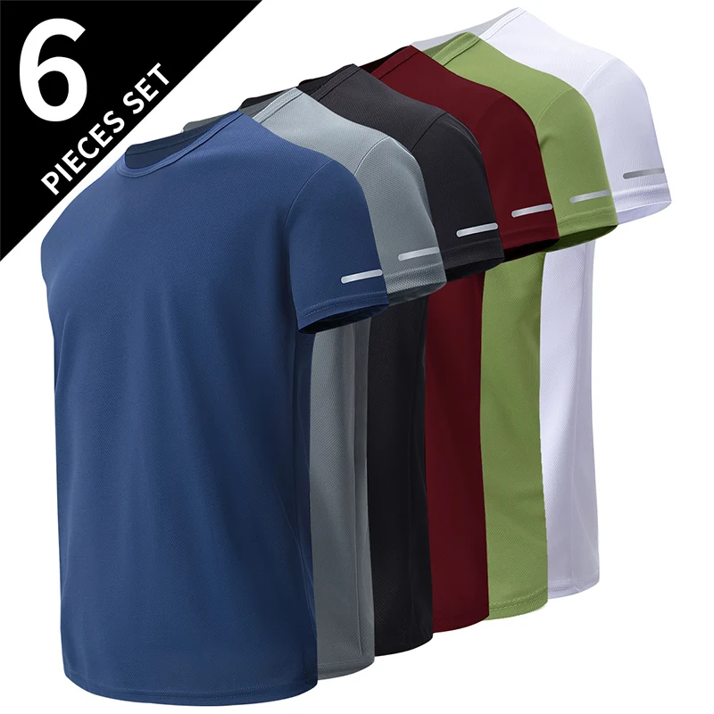 2/4/6Piece Four Seasons Men’s Solid Color Round Neck Short Sleeve Top With Printed Cuffs Youth Sports And Leisure T-shirt trendy