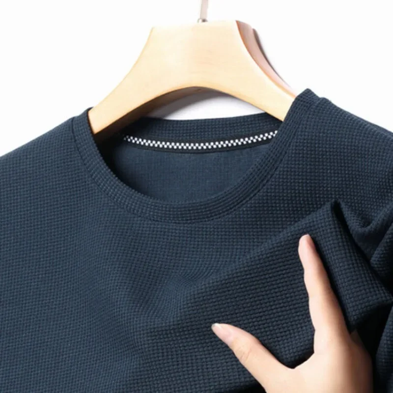 Short sleeved Polo shirShort sleeved Waffle Solid Polot fashion splicing men’s round neck top cotton daily short sleeved T-shirt