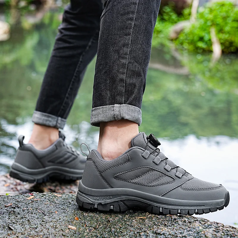 Male Sneakers Stylish Rotating Buckle Hiking Boots Solid Color Comfortable Non-slip Sporty Shoes Plus Size Men Shoes Leather