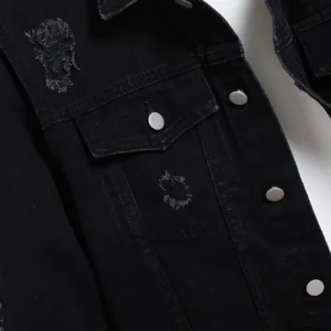 Men’s Denim Jacket – Black Regular Jacket, Street Fashion with Rips, Suitable for Daily Casual Outings