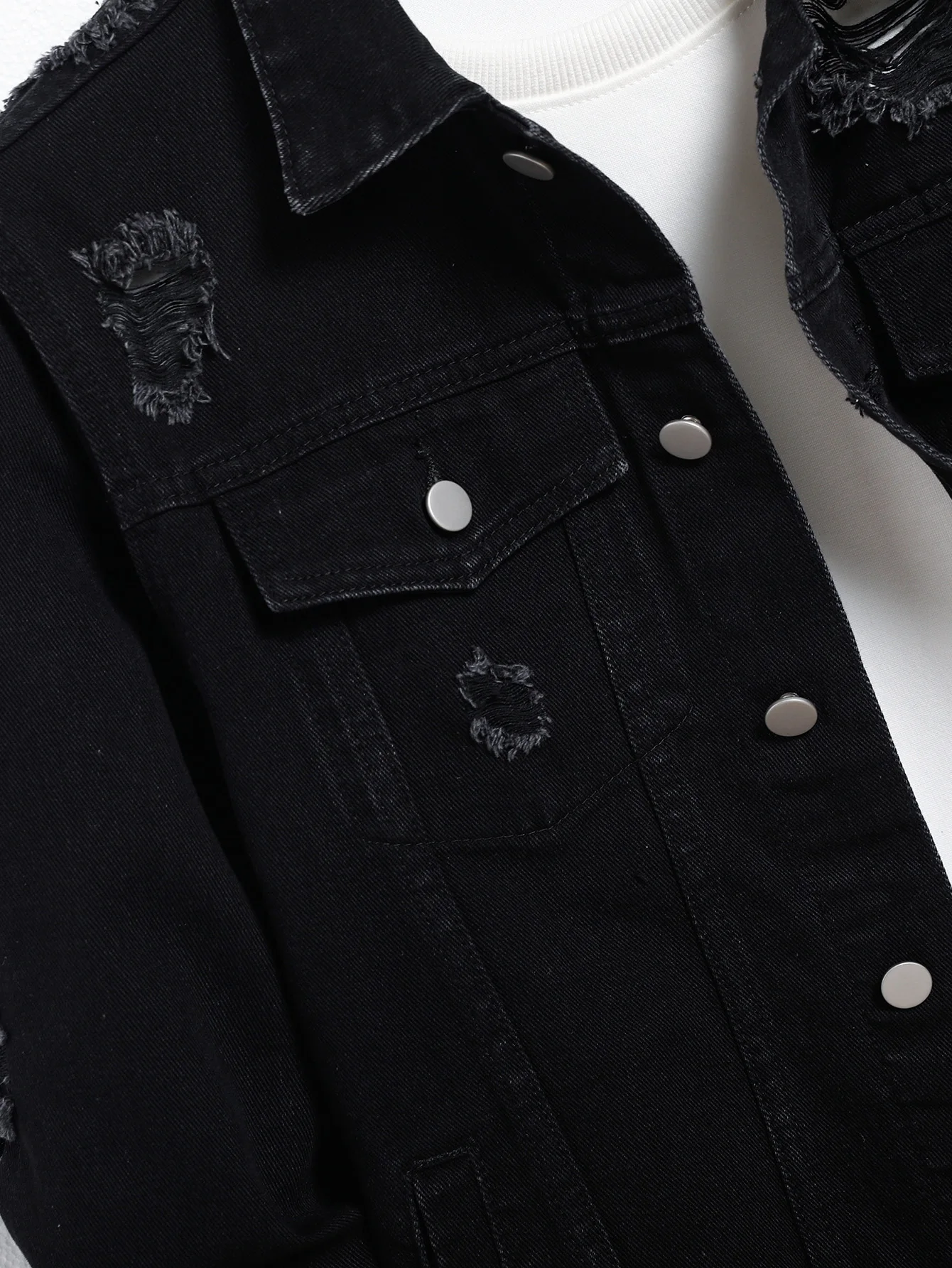Men’s Denim Jacket – Black Regular Jacket, Street Fashion with Rips, Suitable for Daily Casual Outings