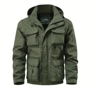 Detachable windproof sleeved hooded jacket suitable for outdoor activities men’s casual waterproof multi pocket jacket vest