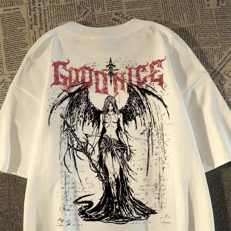 2025 New Heavy Short-sleeved T-shirt American Retro Sword-wielding Angel Printed Short-sleeved Men’s and Women’s Loose Top