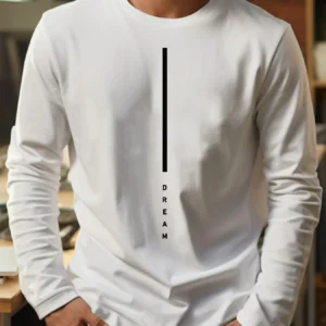 Men’s 100% pure cotton loose fit plus size comfortable casual DREAM letter printed round neck long sleeved T-shirt top