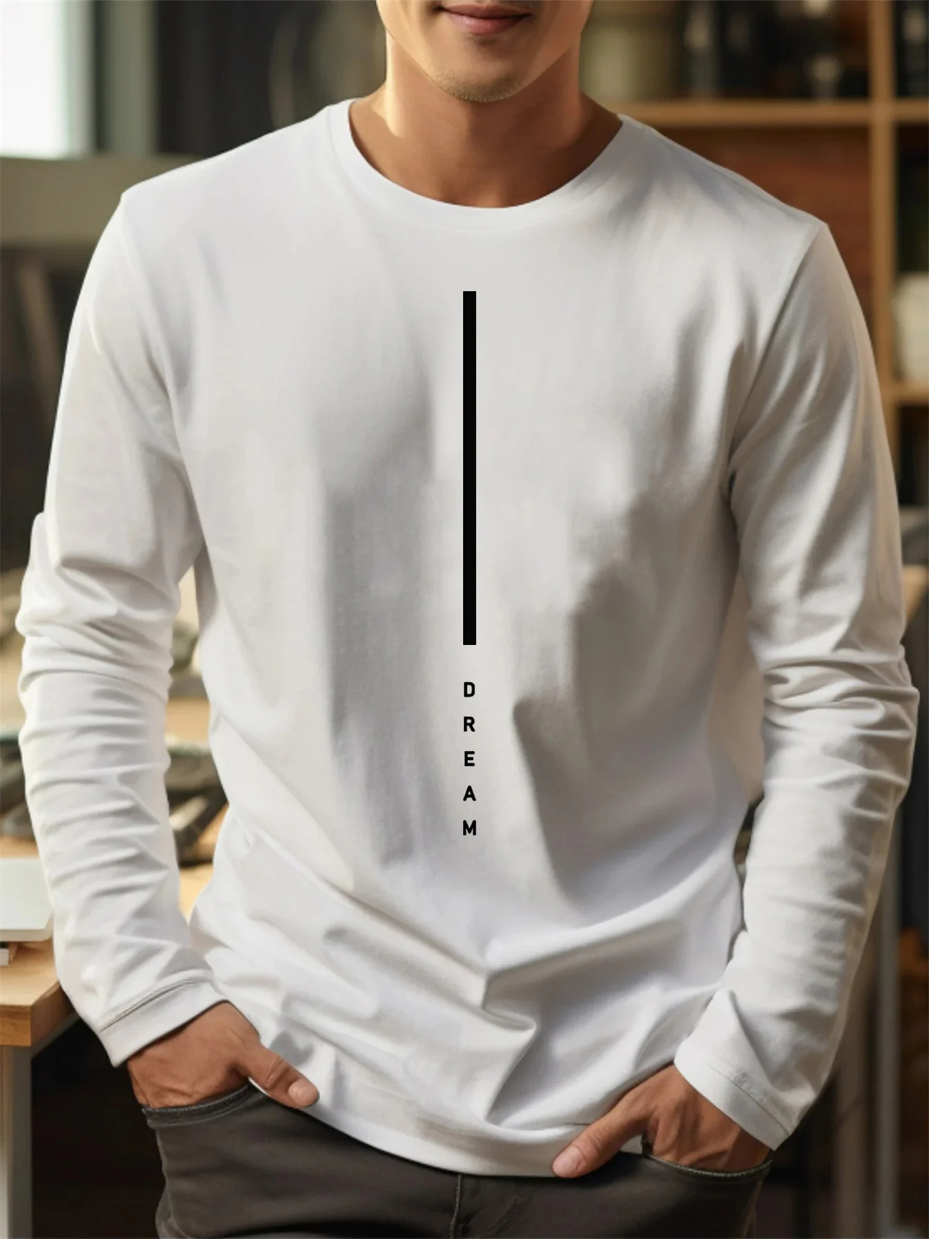 Men’s 100% pure cotton loose fit plus size comfortable casual DREAM letter printed round neck long sleeved T-shirt top