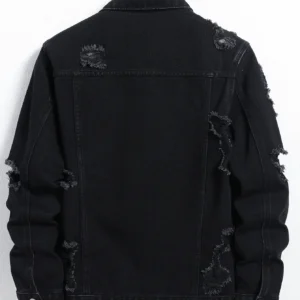 Men’s Denim Jacket – Black Regular Jacket, Street Fashion with Rips, Suitable for Daily Casual Outings