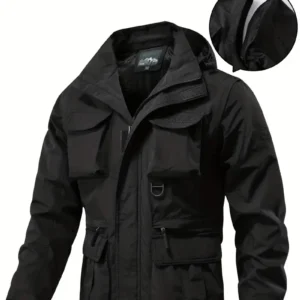 Detachable windproof sleeved hooded jacket suitable for outdoor activities men’s casual waterproof multi pocket jacket vest
