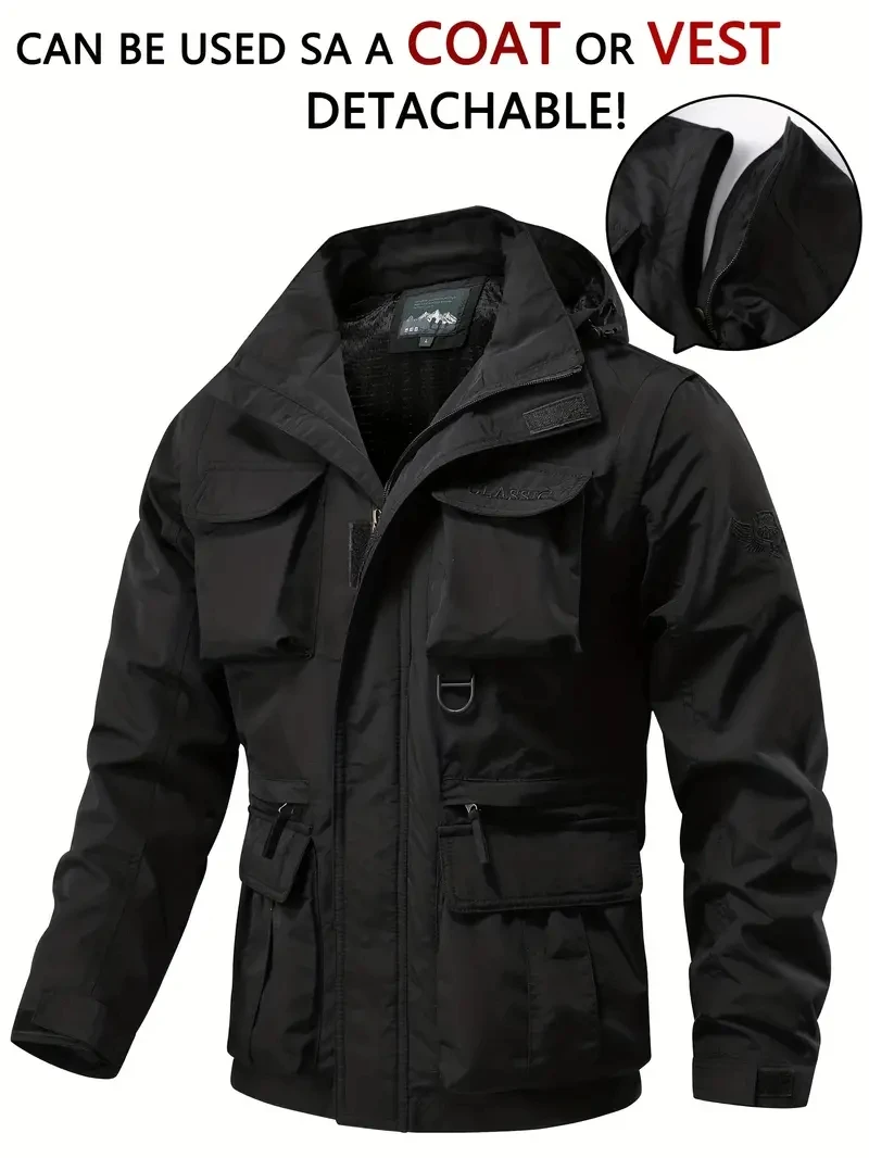 Detachable windproof sleeved hooded jacket suitable for outdoor activities men’s casual waterproof multi pocket jacket vest