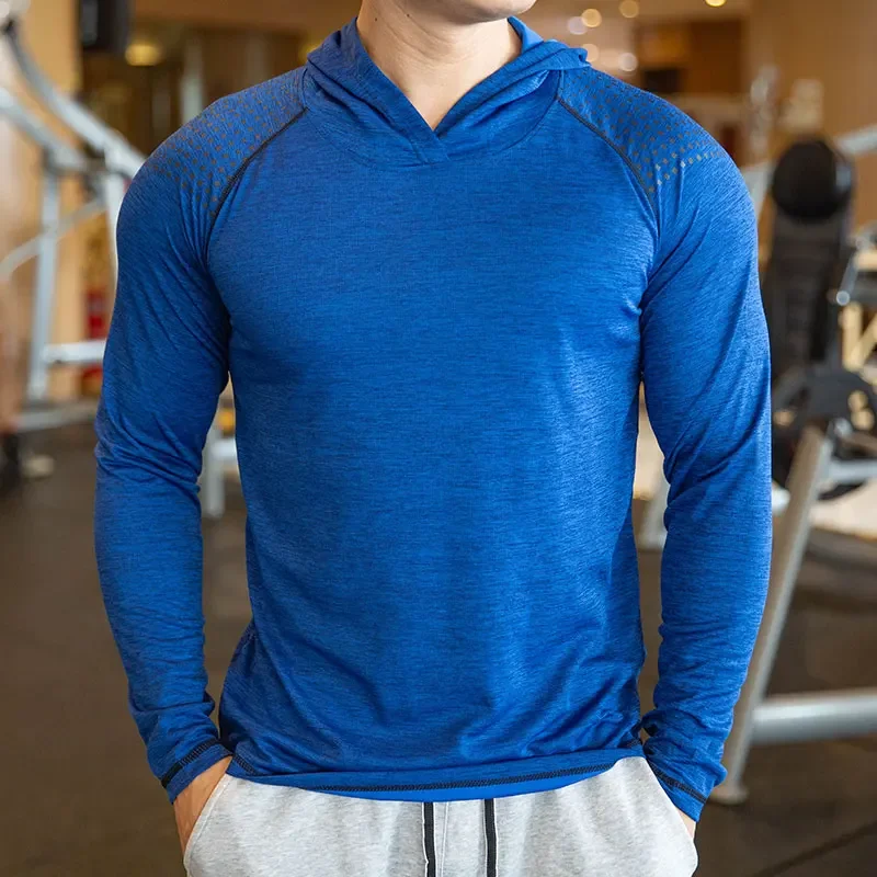 kf Sc3ee59cd4c4e4dd197a482102464ddbbZ.webp Autumn Gym Men T Shirt Casual Long Sleeve Slim Tops Tees elastic T-shirt Sports Fitness breathable Quick dry Hooded T Shirt