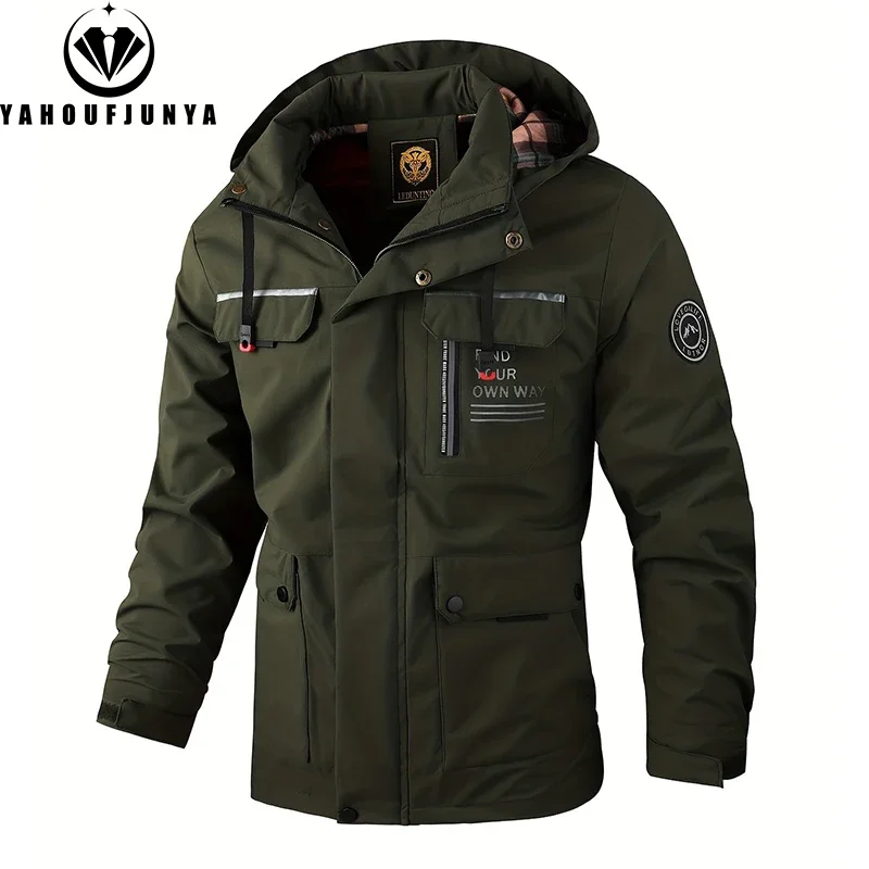 2025 Spring Autumn Men Outdoor Windbreak Removable Hooded Jacket Men Solid Casual Fashion Loose Jacket Coat Male Clothing Tops