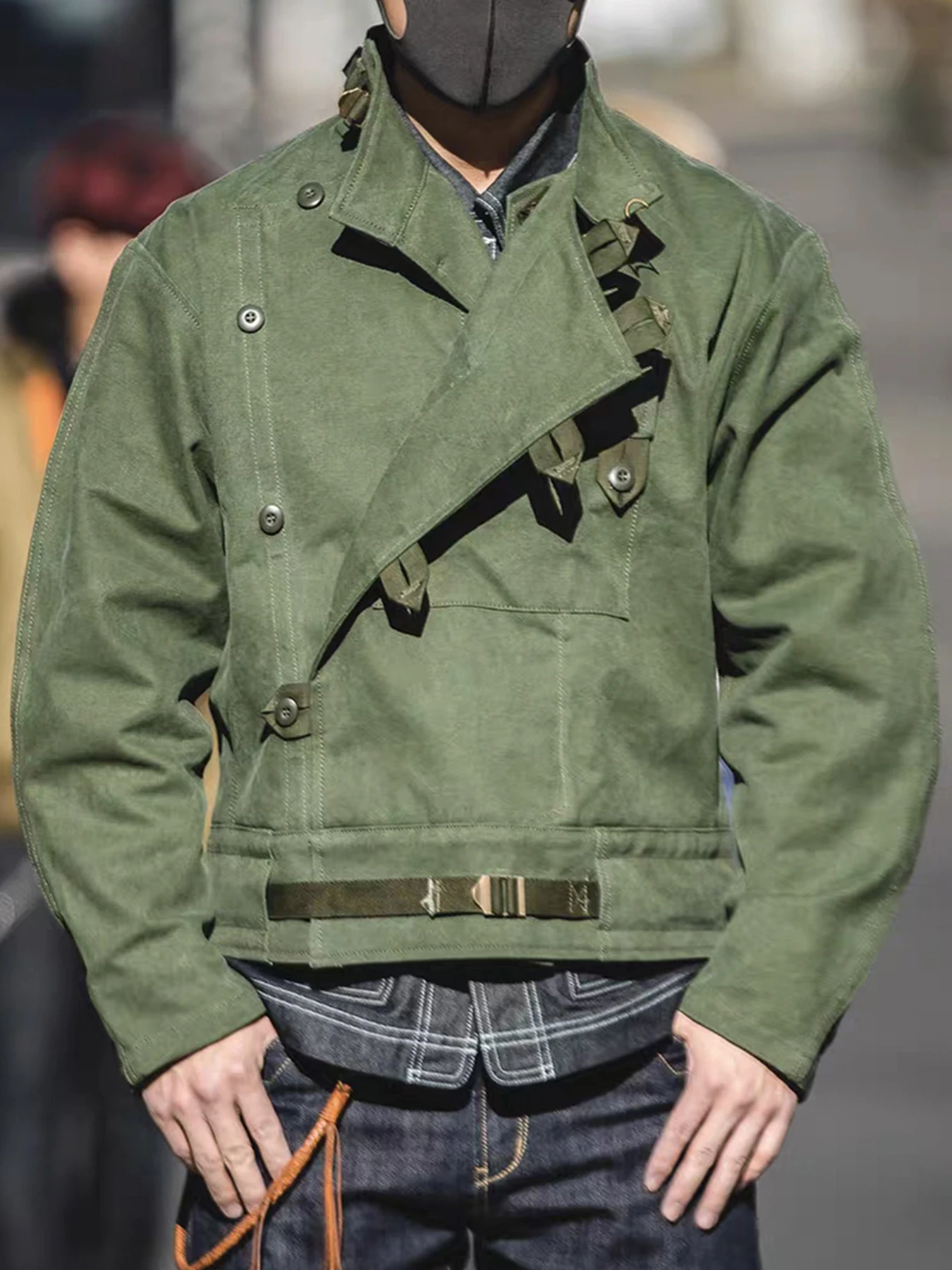 Swedish motorcycle jacket, men’s retro military green casual cropped jacket, 100% cotton canvas workwear asymmetric safari style
