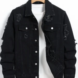 Men’s Denim Jacket – Black Regular Jacket, Street Fashion with Rips, Suitable for Daily Casual Outings