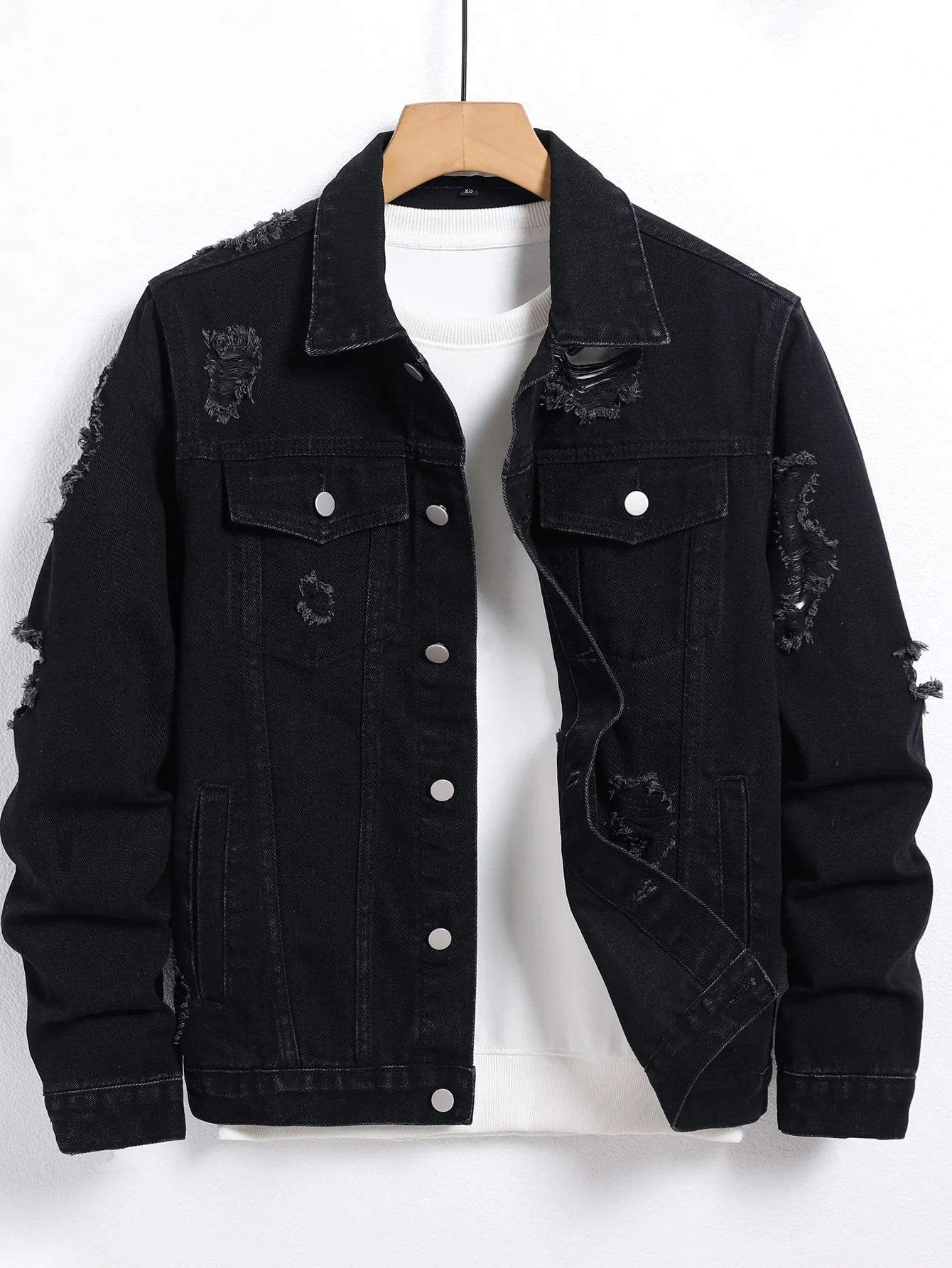 Men’s Denim Jacket – Black Regular Jacket, Street Fashion with Rips, Suitable for Daily Casual Outings