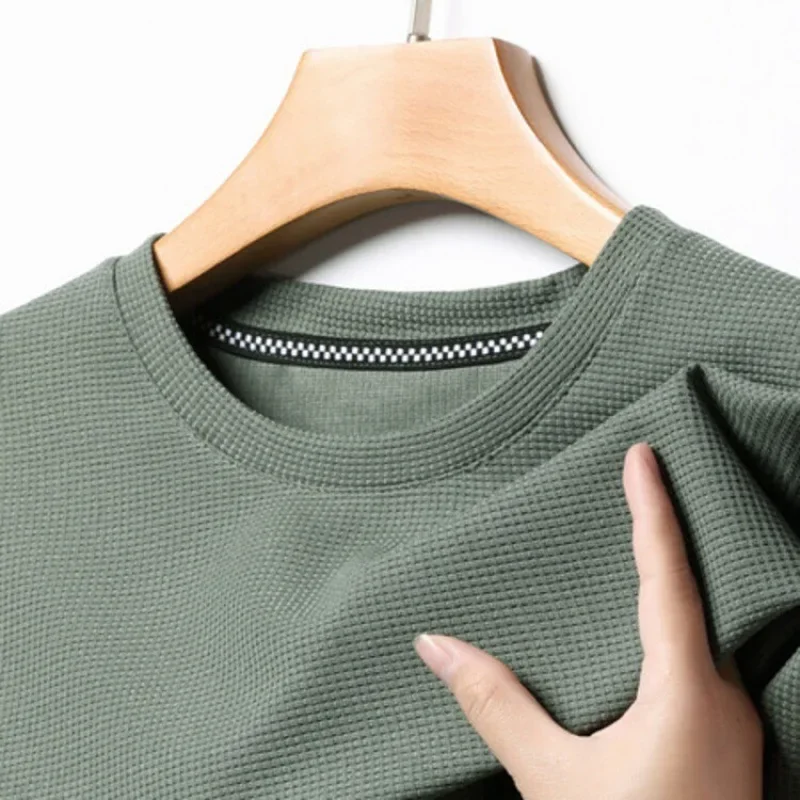 Short sleeved Polo shirShort sleeved Waffle Solid Polot fashion splicing men’s round neck top cotton daily short sleeved T-shirt