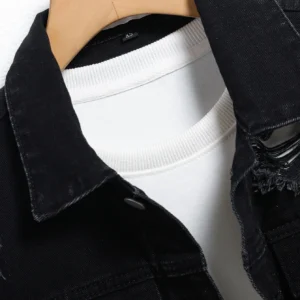 Men’s Denim Jacket – Black Regular Jacket, Street Fashion with Rips, Suitable for Daily Casual Outings