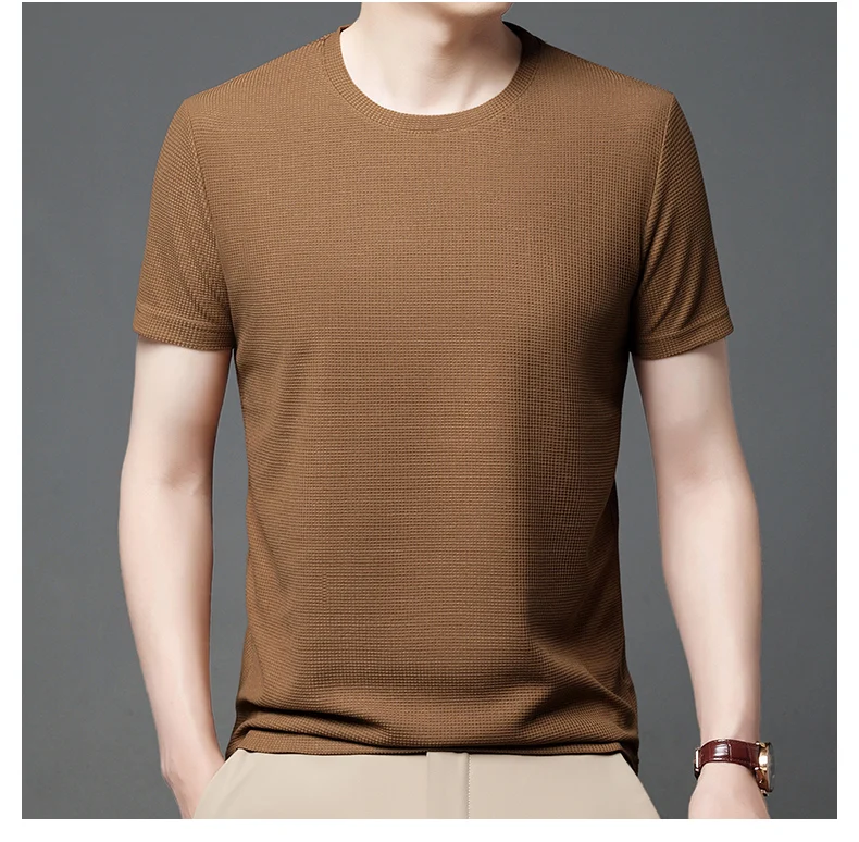 Short sleeved Polo shirShort sleeved Waffle Solid Polot fashion splicing men’s round neck top cotton daily short sleeved T-shirt