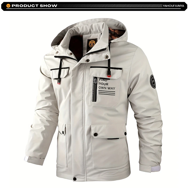 2025 Spring Autumn Men Outdoor Windbreak Removable Hooded Jacket Men Solid Casual Fashion Loose Jacket Coat Male Clothing Tops