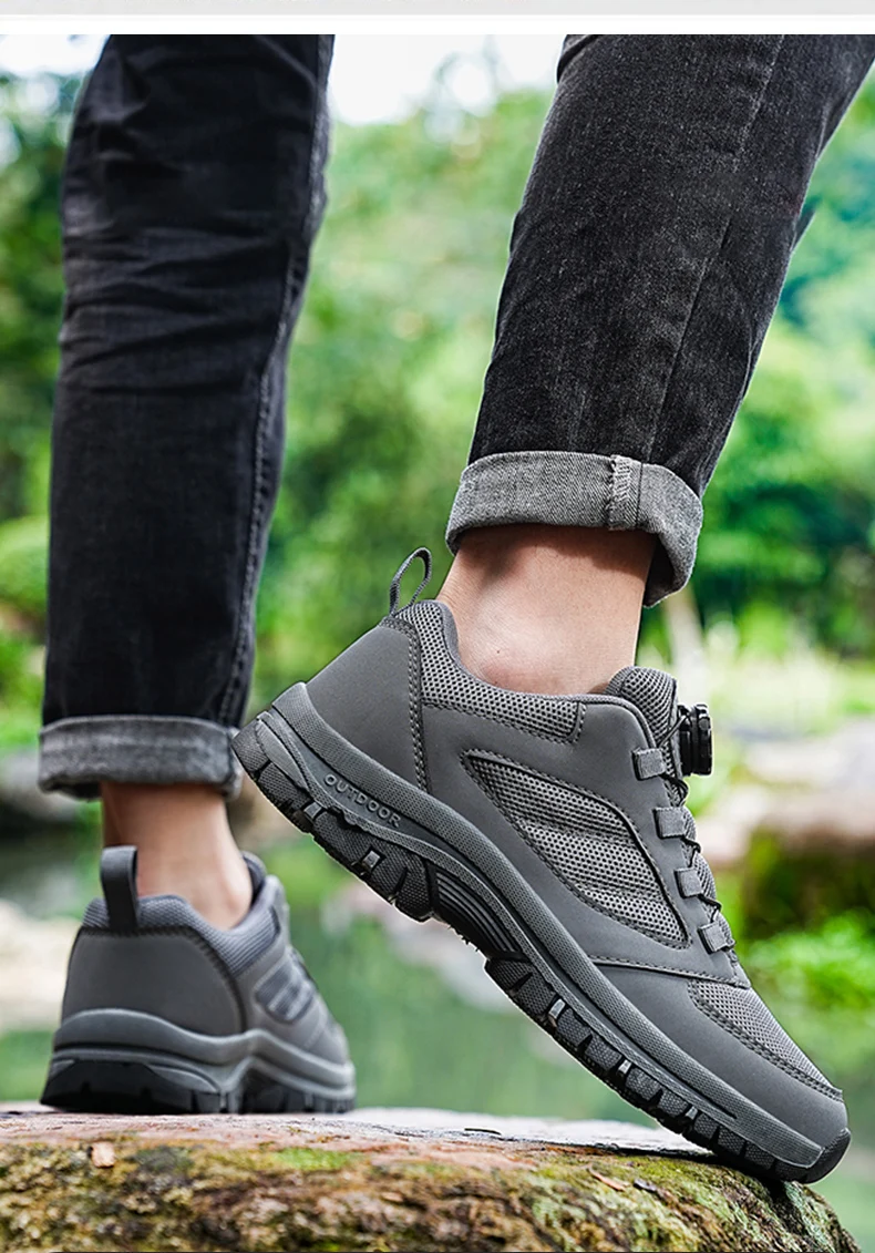 Male Sneakers Stylish Rotating Buckle Hiking Boots Solid Color Comfortable Non-slip Sporty Shoes Plus Size Men Shoes Leather