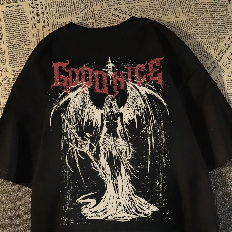 2025 New Heavy Short-sleeved T-shirt American Retro Sword-wielding Angel Printed Short-sleeved Men’s and Women’s Loose Top