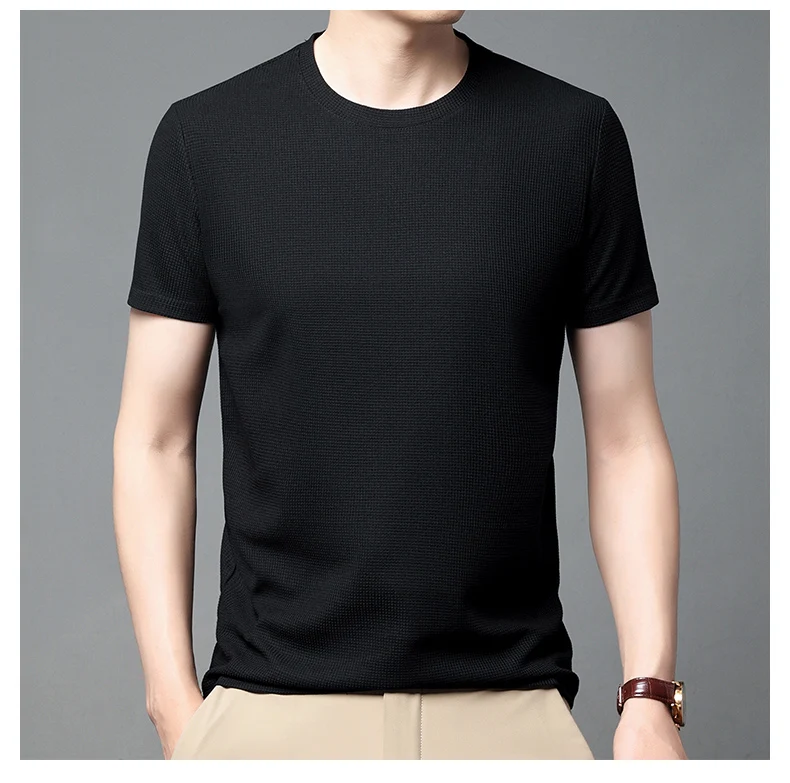 Short sleeved Polo shirShort sleeved Waffle Solid Polot fashion splicing men’s round neck top cotton daily short sleeved T-shirt