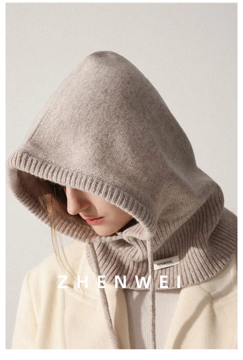 High Quality 100% Wool Slouchy Balaclava Hat for Women Knitted Scarf Hood Beanies Winter Warm Skiing Hat Outdoor Ear Protection