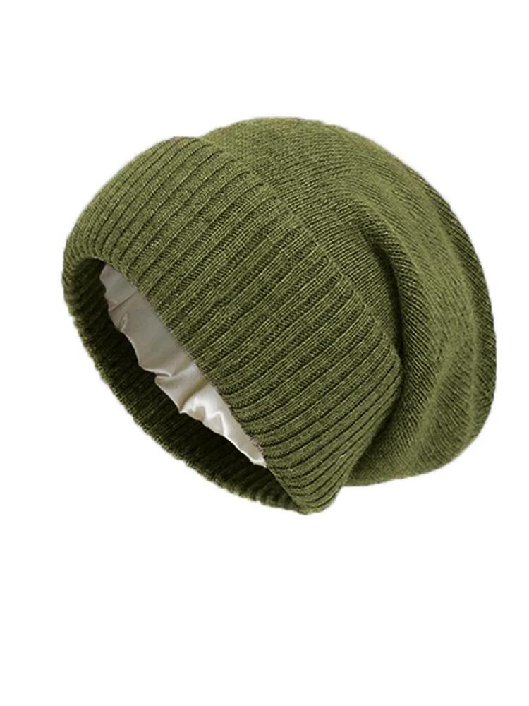 100shmere Beanie Hat for Women’s Winter Satin Lined Knitted Solid Skullies Cap Silk Lining Soft Warm Slouchy Bonnet