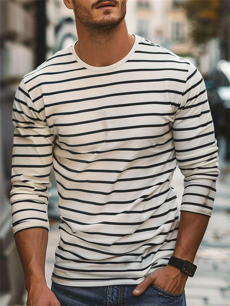 Retro Striped Graphic Long SLeeve T Shirts For Men Simple Fashion Spring Autumn 3D Printed T-shirts Casual Oversized Tees Tops