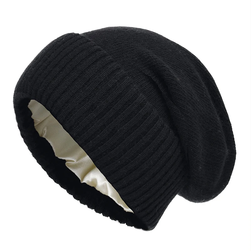 100shmere Beanie Hat for Women’s Winter Satin Lined Knitted Solid Skullies Cap Silk Lining Soft Warm Slouchy Bonnet