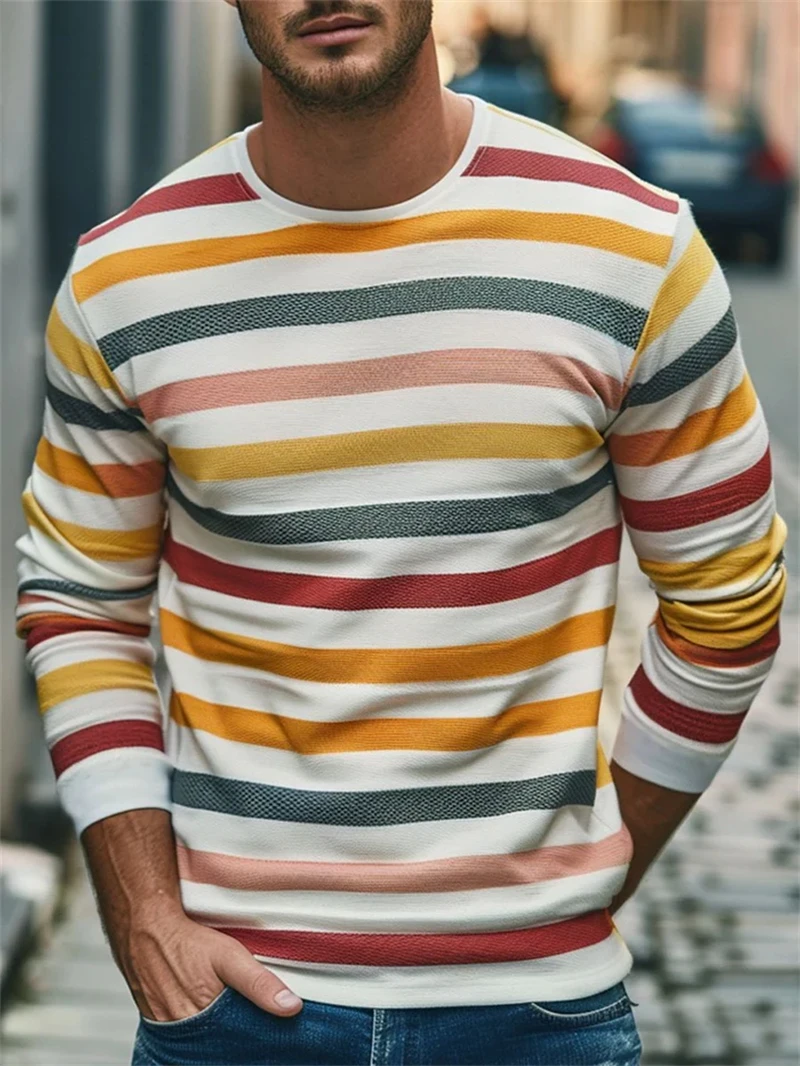 Retro Striped Graphic Long SLeeve T Shirts For Men Simple Fashion Spring Autumn 3D Printed T-shirts Casual Oversized Tees Tops