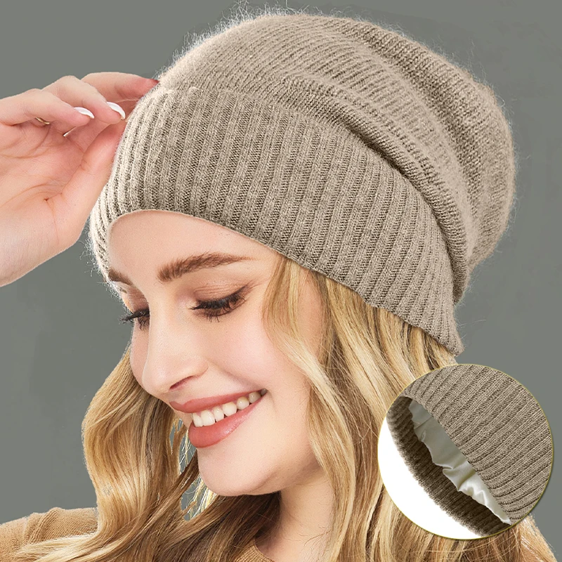 100shmere Beanie Hat for Women’s Winter Satin Lined Knitted Solid Skullies Cap Silk Lining Soft Warm Slouchy Bonnet