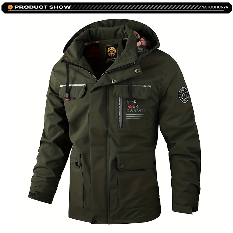 2025 Spring Autumn Men Outdoor Windbreak Removable Hooded Jacket Men Solid Casual Fashion Loose Jacket Coat Male Clothing Tops