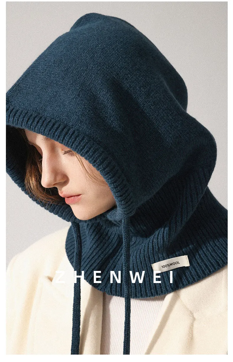 High Quality 100% Wool Slouchy Balaclava Hat for Women Knitted Scarf Hood Beanies Winter Warm Skiing Hat Outdoor Ear Protection