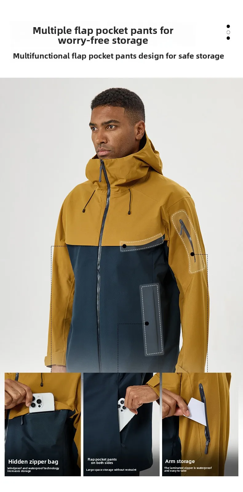 Autumn and winter hard-shell windbreaker windproof rainproof breathable outdoor hiking mountaineering ski suit hooded jacket