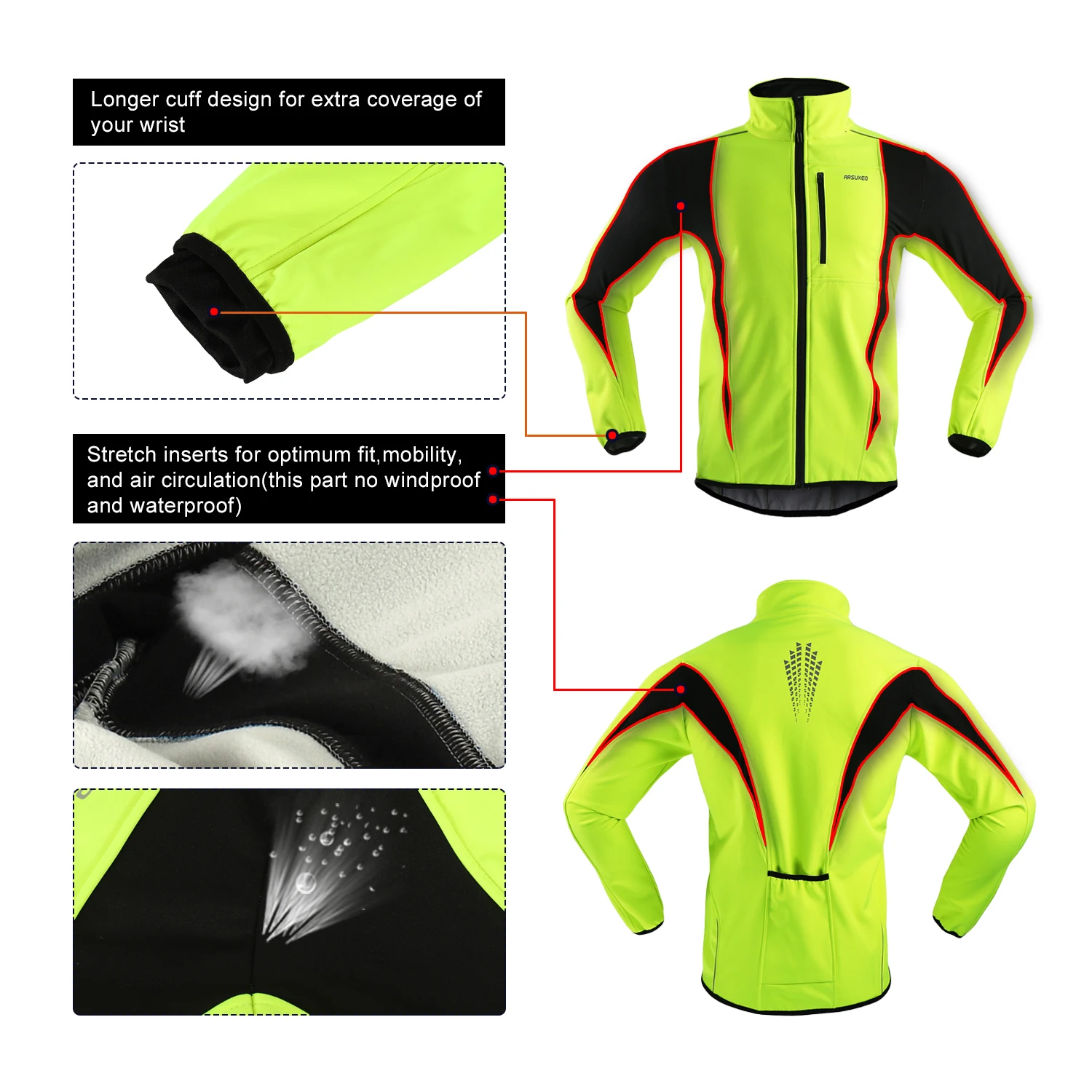 ARSUXEO Men’s Winter Cycling Jacket Thermal Fleece Softshell Windbreaker Waterproof Breathable Reflective Bicycle Clothing