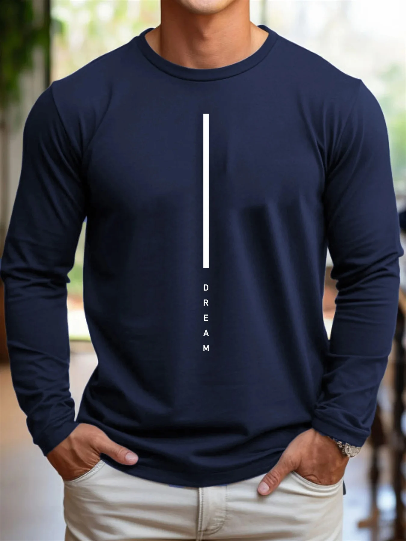 Men’s 100% pure cotton loose fit plus size comfortable casual DREAM letter printed round neck long sleeved T-shirt top
