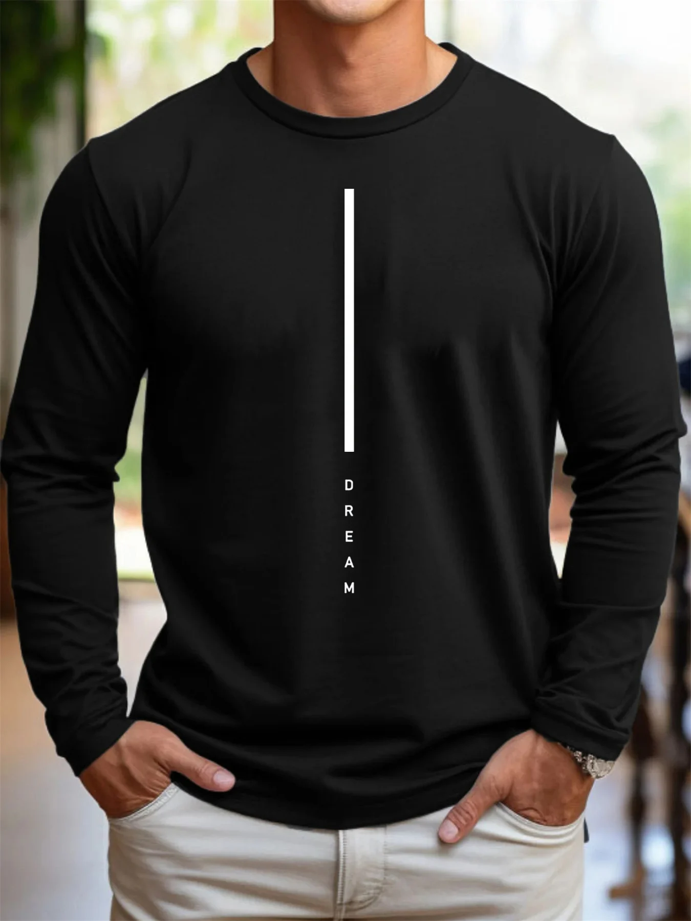 Men’s 100% pure cotton loose fit plus size comfortable casual DREAM letter printed round neck long sleeved T-shirt top