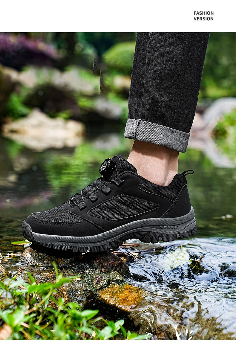 Male Sneakers Stylish Rotating Buckle Hiking Boots Solid Color Comfortable Non-slip Sporty Shoes Plus Size Men Shoes Leather