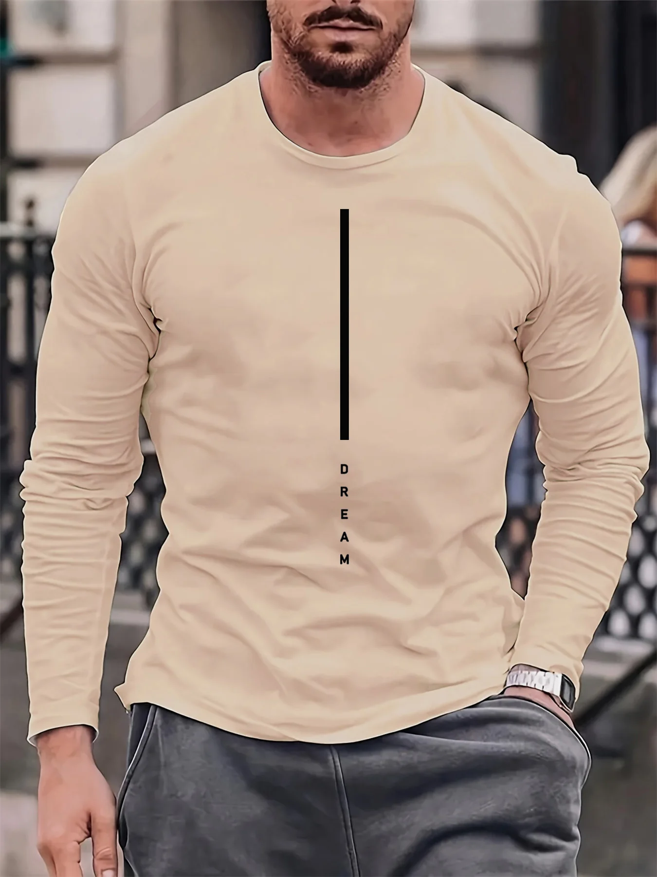 Men’s 100% pure cotton loose fit plus size comfortable casual DREAM letter printed round neck long sleeved T-shirt top